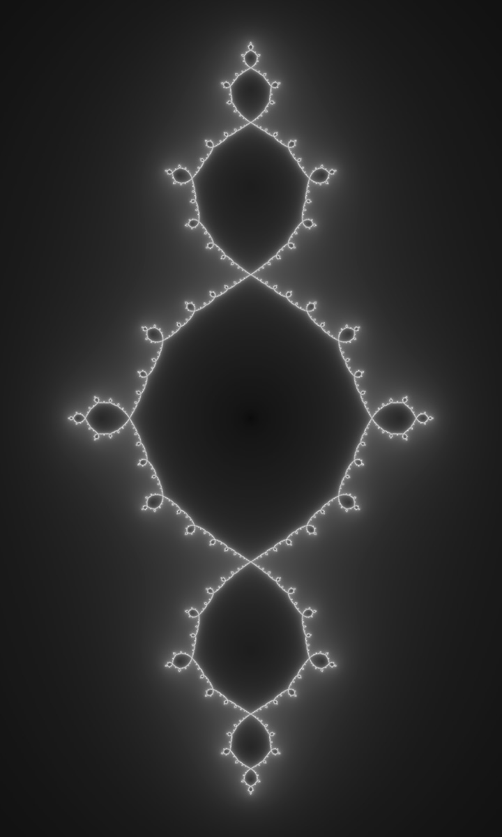 Julia set rendered as a luminous figure whose lobes repeat at every scale
